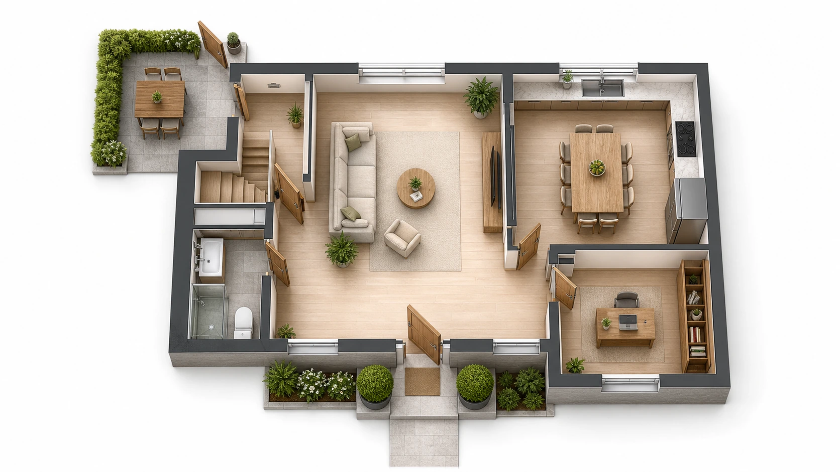 2 Sender + 1 Empfaenger reference floor plan for Haustuer plus Hintertuer, Ladenfront plus Nebeneingang