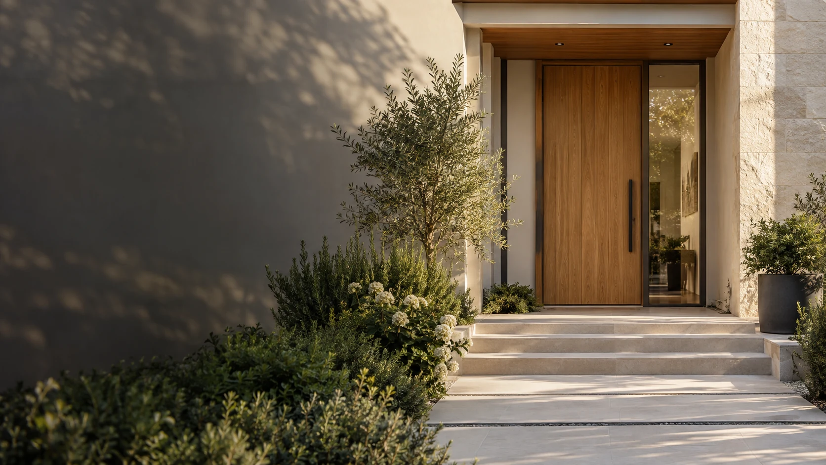 Contemporary European home entrance with natural stone, oak and greenery